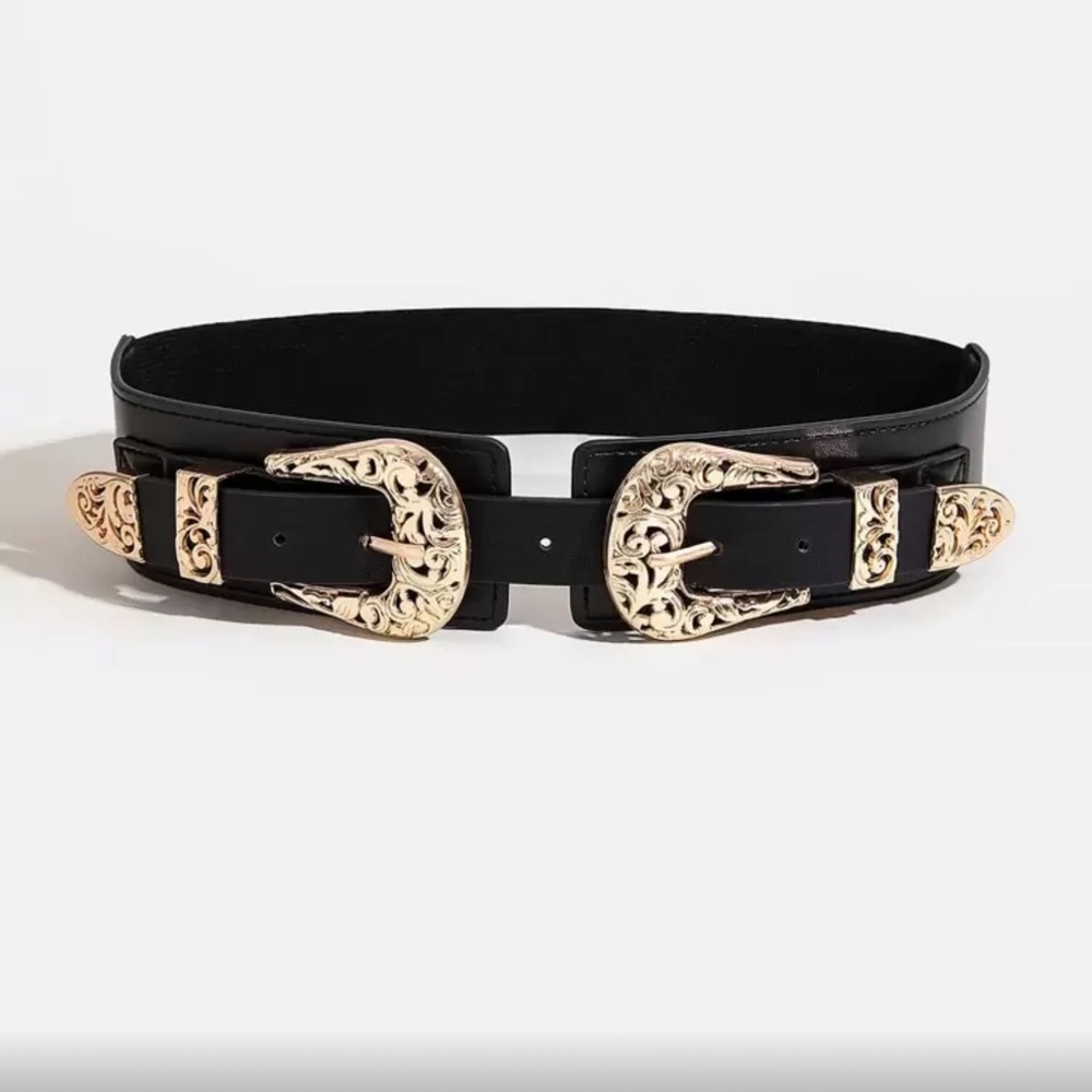 Elegant Western Double Buckle Black and Gold Women's Stretchy Belt